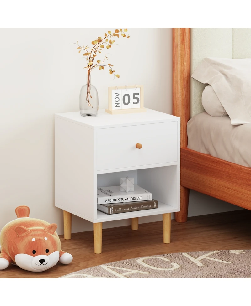 sumyeg Wooden Nightstand with One Drawer One Shelf in White