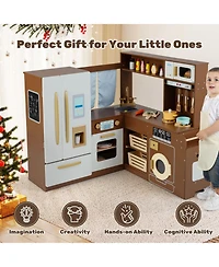 Hongge Wooden Corner Play Kitchen Set With Lights Sounds And 22 Accessories