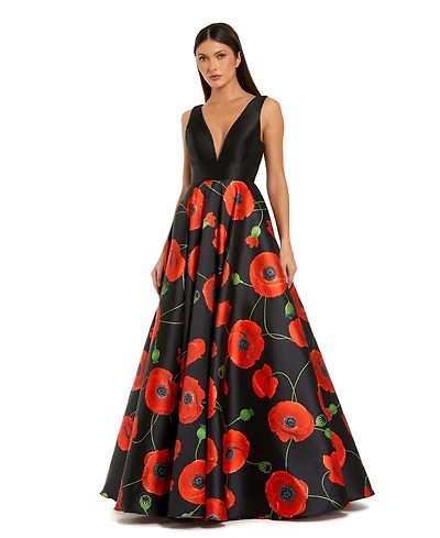 Mac Duggal Women's Black Plunge Neck Ballgown With Floral Mikado Skirt