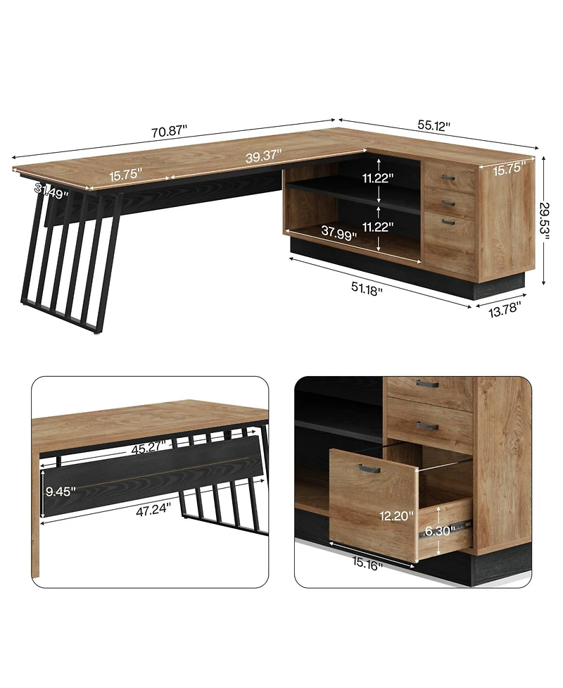Tribesigns 71-Inch Executive Desk, L-Shaped Desk with Cabinet, Large Office Desk with Drawers and Storage Shelves, Writing Table Computer Desk