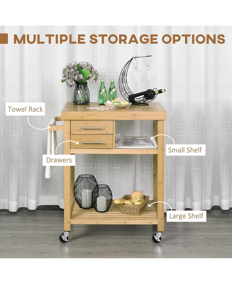 HomCom Bamboo Kitchen Island Cart on Wheels, 2 Storage Drawers, Towel Rack, 33.25 in, Bamboo Tone