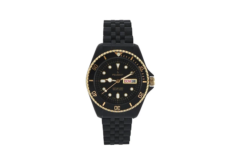 Peugeot Men's Round 40mm Day-Date Rotating Bezel Watch with Matte Black Bracelet