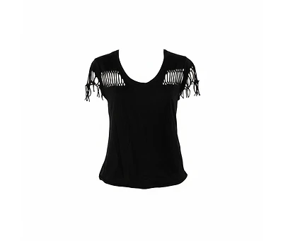 Pre-Owned Zadig & Voltaire Women's Black Cotton Scoop Neck Wanda Fringes T-Shirt
