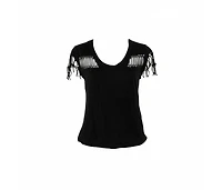 Pre-Owned Zadig & Voltaire Women's Black Cotton Scoop Neck Wanda Fringes T-Shirt