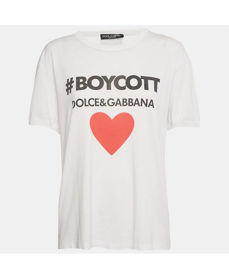 Pre-Owned Dolce & Gabbana Women's White Boycott Logo Print Cotton T-Shirt