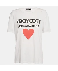 Pre-Owned Dolce & Gabbana Women's White Boycott Logo Print Cotton T-Shirt
