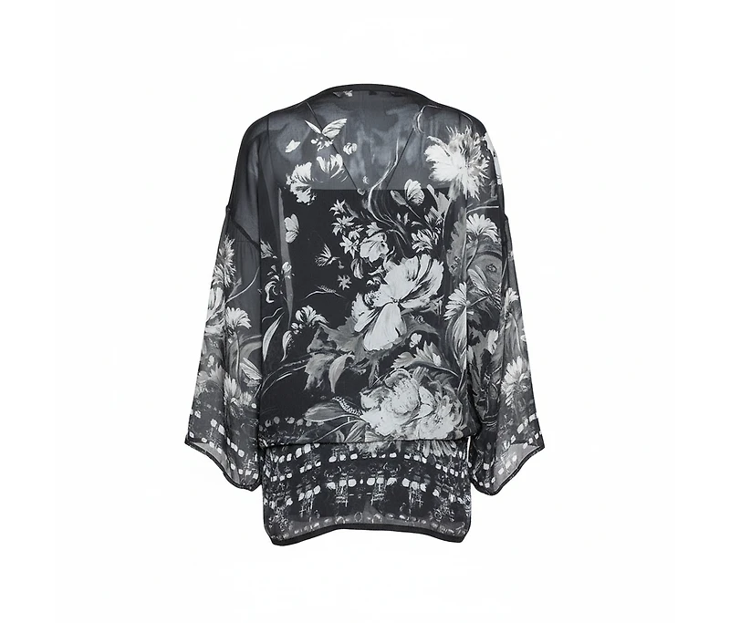 Pre-Owned Roberto Cavalli Women's Black Floral Print Silk Sheer Kaftan Blouse