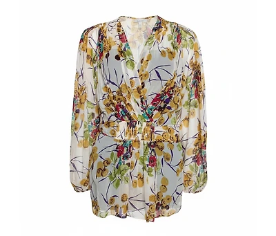 Pre-Owned Roberto Cavalli Women's Multicolor Silk Georgette Floral Print Faux Wrap Blouse