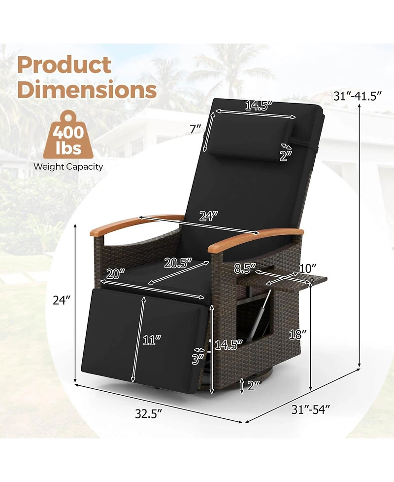 Outdoor 360° Swivel Rattan Recliner Chair Patio Wicker Chaise Lounge Chair