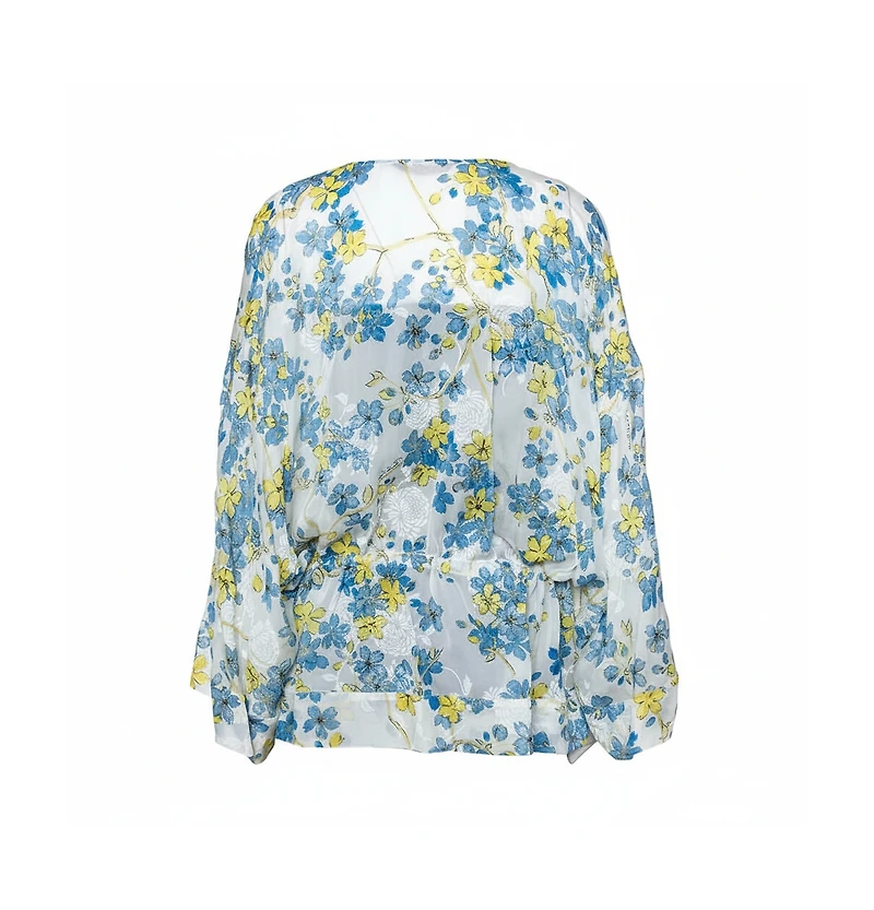 Pre-Owned Roberto Cavalli Women's Blue & White Floral Print Silk Sheer Kaftan Top