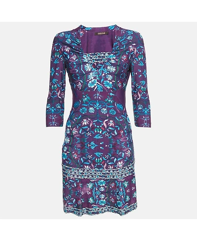 Pre-Owned Roberto Cavalli Women's Purple Floral Print Jersey V-Neck Mini Dress