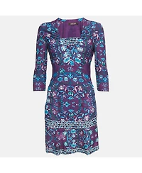 Pre-Owned Roberto Cavalli Women's Purple Floral Print Jersey V-Neck Mini Dress