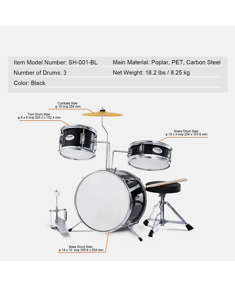 Sugift Kids Drum Set 3-Piece 14" Beginner Kit with Throne Pedal Sticks Black