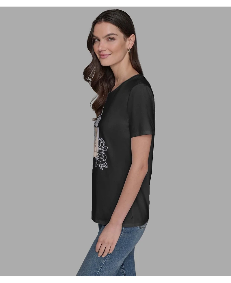 Karl Lagerfeld Paris Women's Crewneck Embellished Perfume Bottle T-Shirt