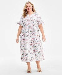 Charter Club Plus Linen Tie-Sleeve Tiered Dress, Macy's Exclusive