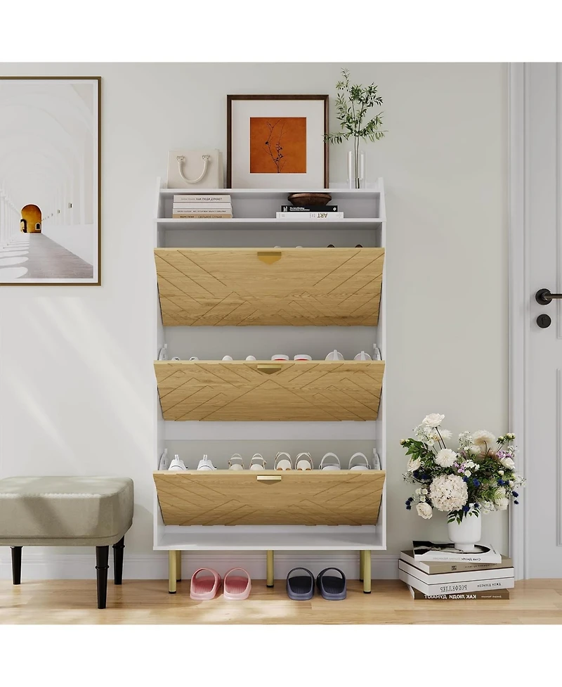 Shoe Cabinet with 3 Drawers, Slim Freestanding Shoe Storage Organizer, White Wood Grain Finish, Hidden Rack