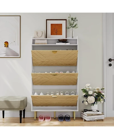 Shoe Cabinet with 3 Drawers, Slim Freestanding Shoe Storage Organizer, White Wood Grain Finish, Hidden Rack