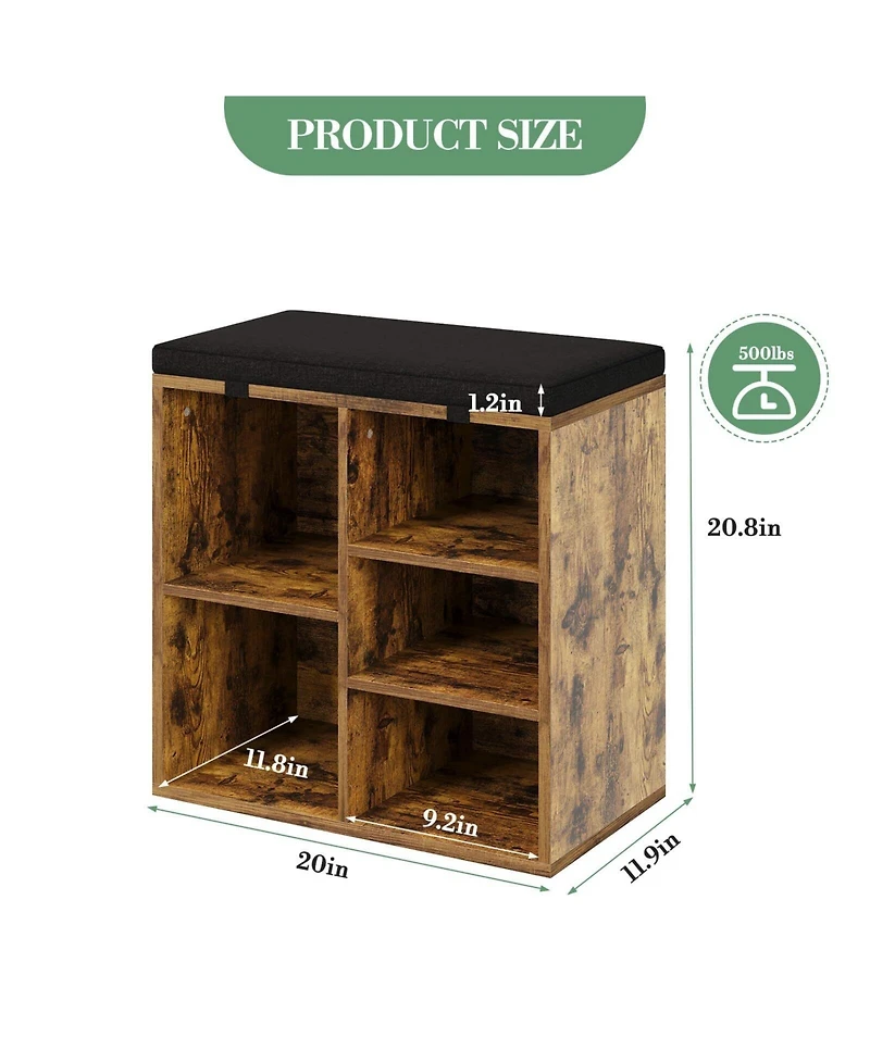 gaomon Shoe Storage Bench with Cushion, 20" Cubby Seat Shoe Cabinet, Cubby Seat Shoe Cabinet with 3-Tier Adjustable Shelf for Living Room Hallway, Gra