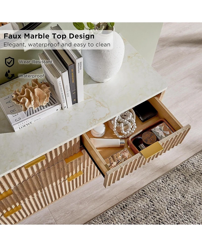 gaomon 54" Wide Modern Fluted 7-Drawer Wood Dresser with Faux Marble Top, Tv Stand and Drawer Organizer