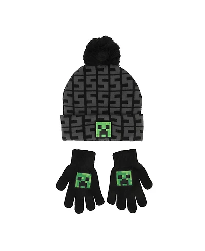 Minecraft Boys Ssss Creeper Black 2-Piece Knit Beanie & Gloves Set