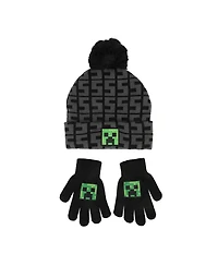 Minecraft Boys Ssss Creeper Black 2-Piece Knit Beanie & Gloves Set