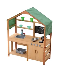 Hongge Kids Outdoor Mud Kitchen Playset with Canopy Sink Storage and Pretend Cooking Features