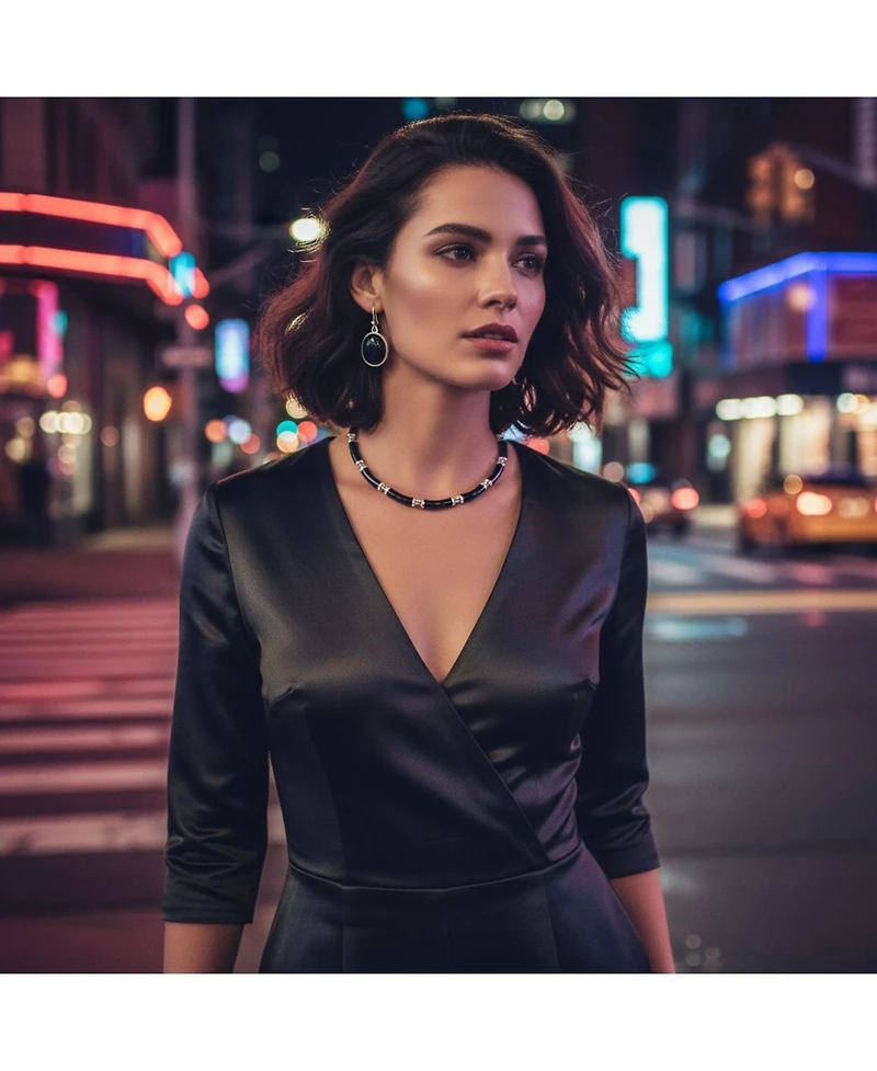 Bling Jewelry Black Onyx Strand Contoured Tube Bar Link Collar Necklace and Bezel Set Oval Cabochon Drop Earrings Jewelry Set Sterling Silver