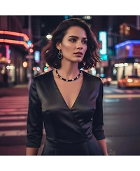 Bling Jewelry Black Onyx Strand Contoured Tube Bar Link Collar Necklace and Bezel Set Oval Cabochon Drop Earrings Jewelry Set Sterling Silver