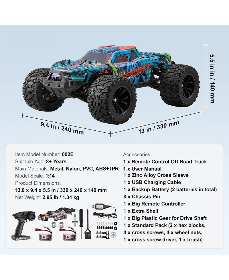 Mecale Rc Car 1:14, 4WD Off-Road Truck with Extra Shell, 45° Wheelie, Adjustable Speed, 42 km/h Hobby Racing Car for Kids 8+.
