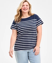 Style & Co Plus Stripe Button-Trim T-Shirt, Exclusively at Macy's