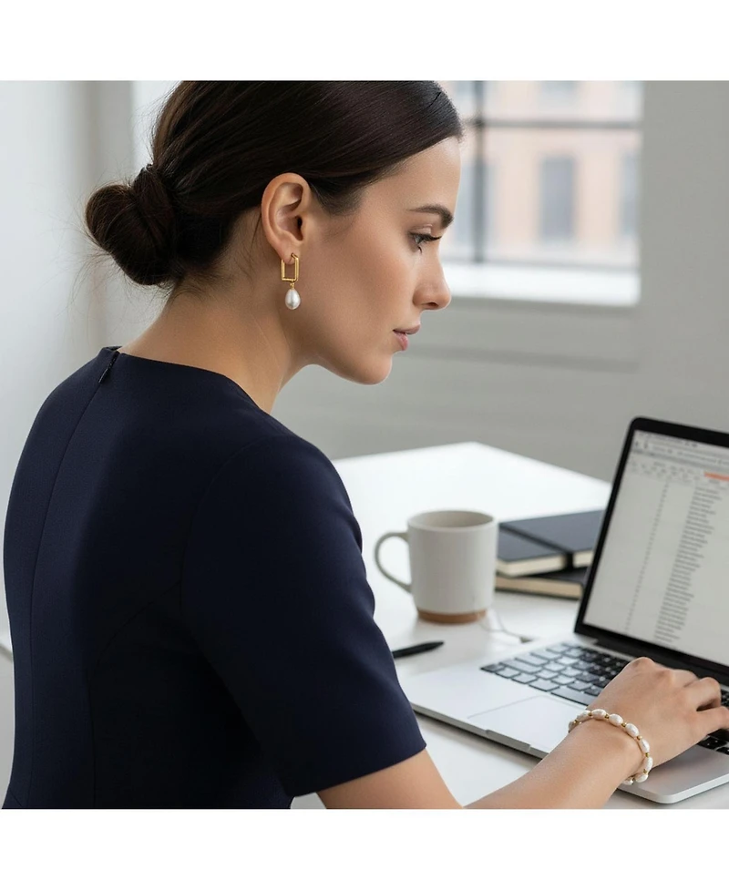 Bling Jewelry White Freshwater Baroque Pearl Bracelet & Teardrop Pearl Huggie Earrings Jewelry Set Gold Plated