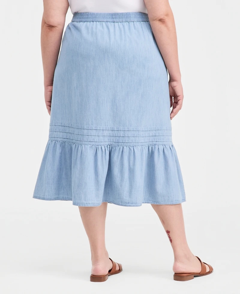 Style & Co Plus Size Cotton Chambray Pintucked Pull-On Skirt, Macy's Exclusive
