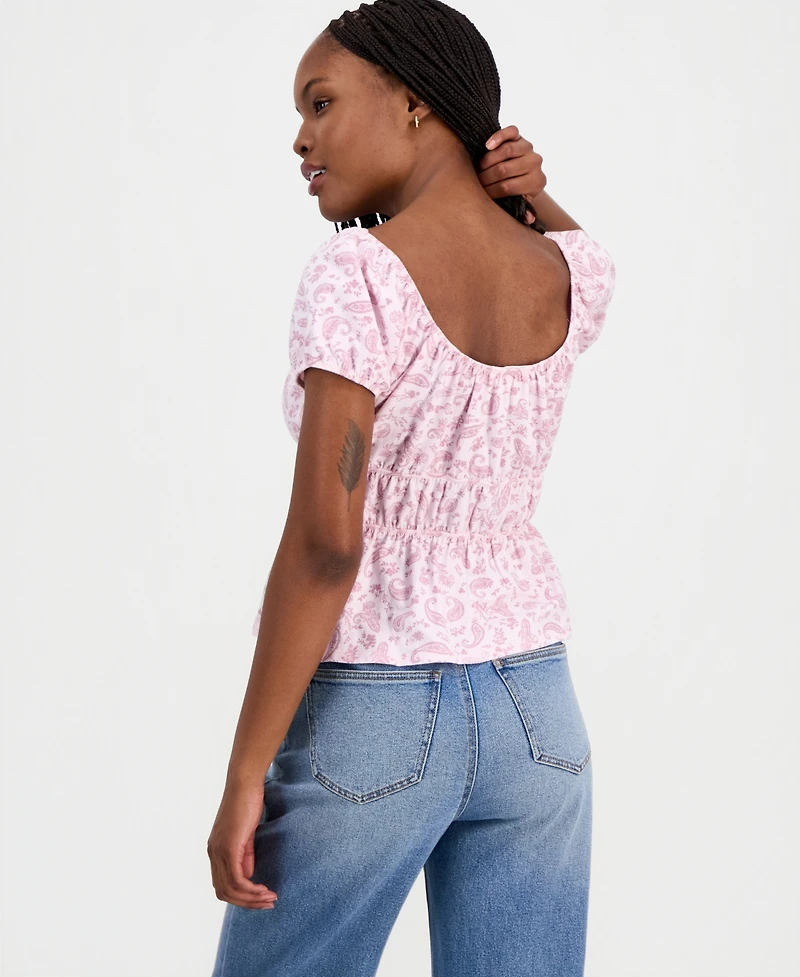 Hippie Rose Juniors' Printed Puff-Sleeve Peplum Peasant Top