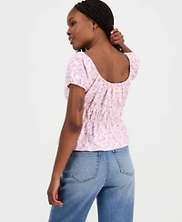 Hippie Rose Juniors' Printed Puff-Sleeve Peplum Peasant Top