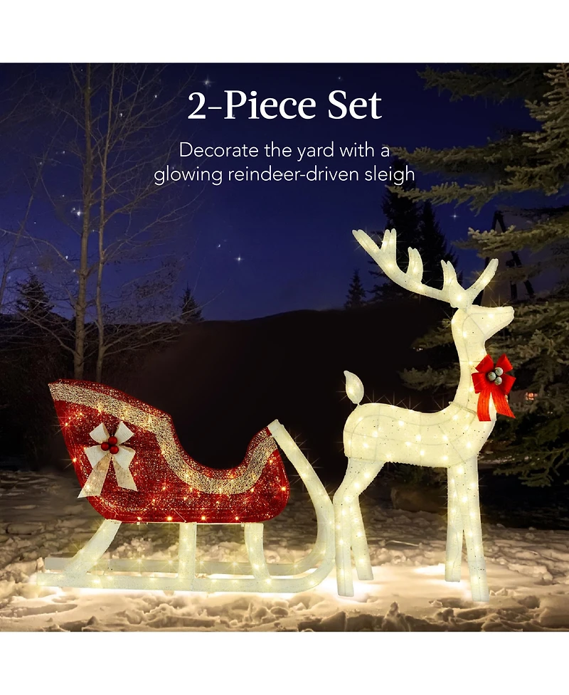 Best Choice Products Lighted Christmas 4ft Reindeer & Sleigh Outdoor Yard Decoration Set w/ 205 Led Lights, Stakes 