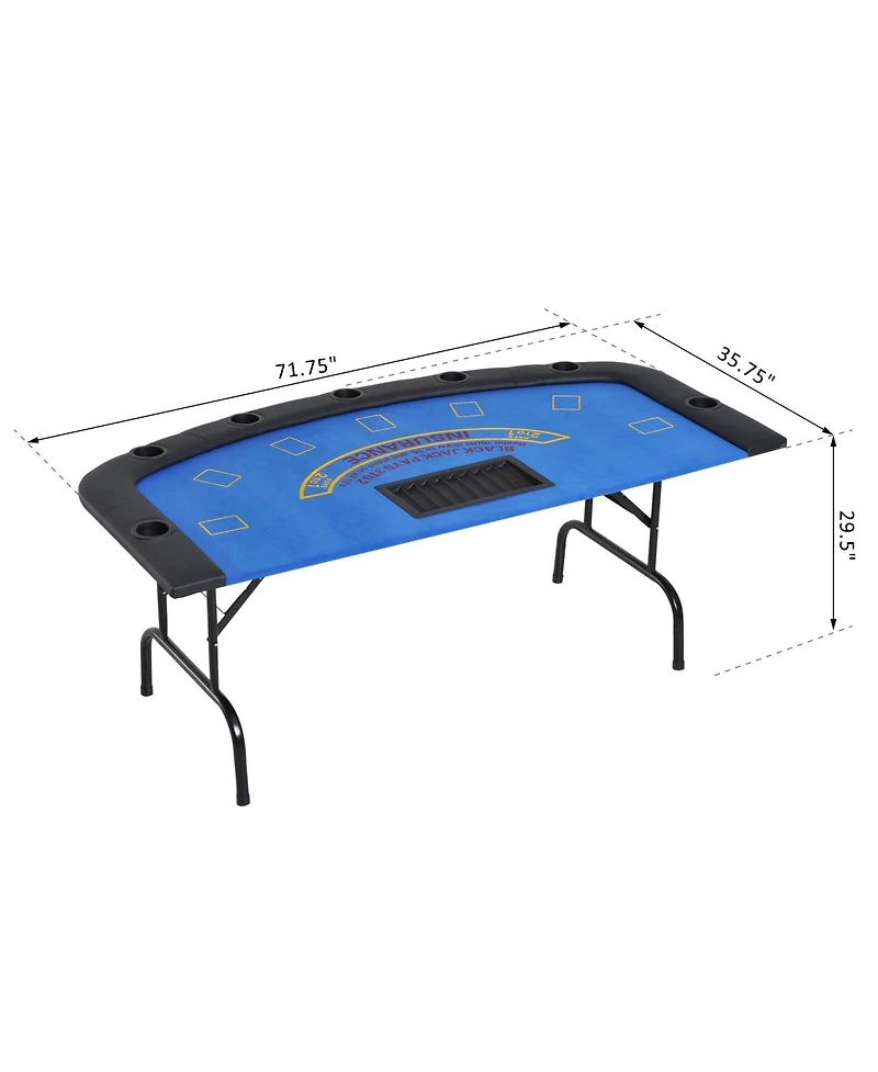 Rbied 72" Foldable Poker Table for 7 Players with Chip Tray and Cup Holders, Blue Mdf Blackjack Card Padded Rails Game Room-Rbied