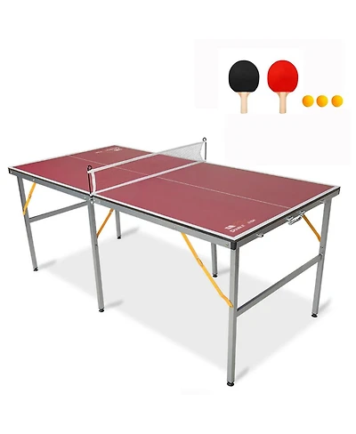Rbied 6FT Foldable Red Mdf Ping Pong Table, Portable Table Tennis Table for Indoor Outdoor, Ping Pong Table Set with Net Paddles Balls
