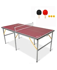 Rbied 6FT Foldable Red Mdf Ping Pong Table, Portable Table Tennis Table for Indoor Outdoor, Ping Pong Table Set with Net Paddles Balls