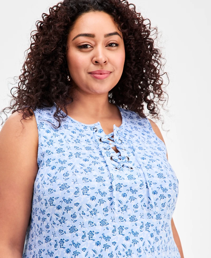 Style & Co Plus Floral-Print Lace-Up Dress, Macy's Exclusive