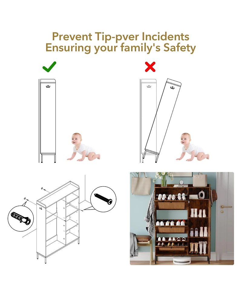 Rattan Shoe Storage Cabinet with 3 Flip Drawers, Freestanding Organizer with Adjustable Shelves for Entryway, Shoe Rack Cabinet for Hallway