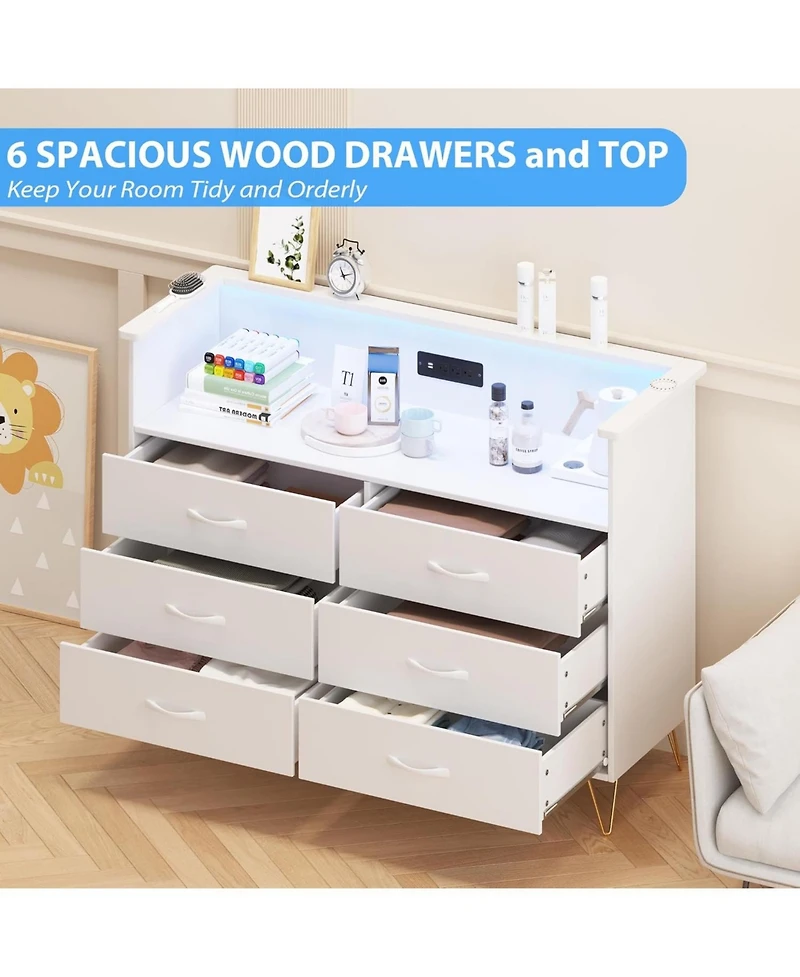 gaomon 6-Drawer Bedroom Dresser with Led Lighting and Power Outlet Wide Modern Chest 2-Tier Open Storage for Living Room Hallway or Entryway