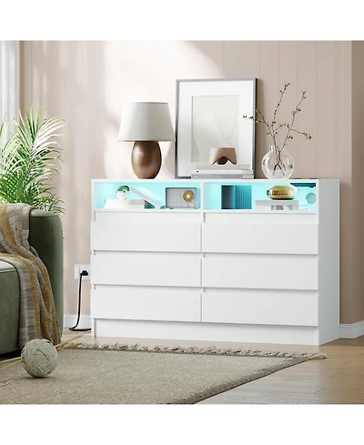 gaomon 6-Drawer Dresser with Led Lighting & Charging Station, Modern Storage Chest with Power Outlets for Bedroom, Living Room, or Entryway
