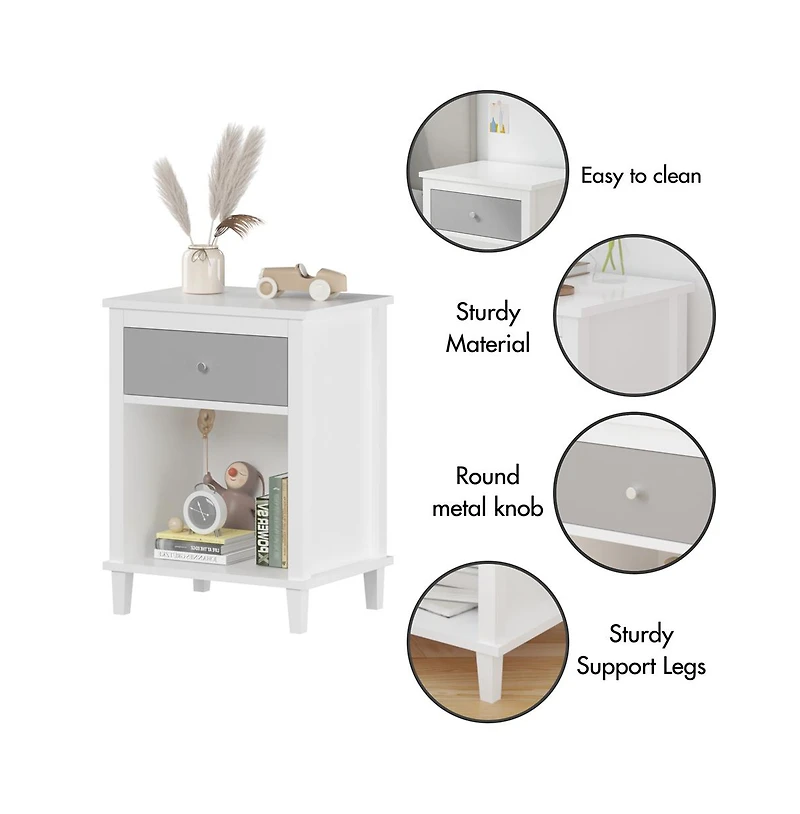 Cesicia Wooden Nightstand with Drawer and Open Shelf Silver Handle for Kids & Adults