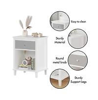 Cesicia Wooden Nightstand with Drawer and Open Shelf Silver Handle for Kids & Adults