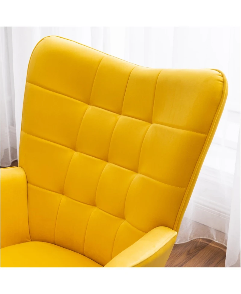 Contemporary Silky Velvet Tufted Accent Chair with Ottoman, Yellow