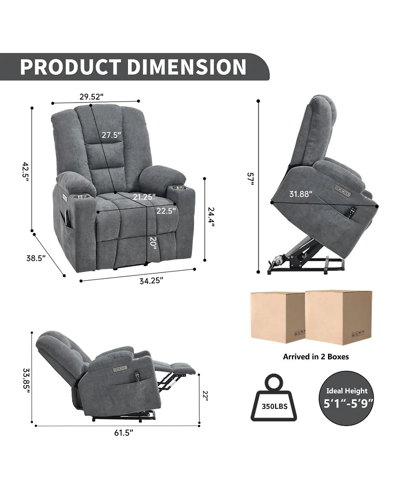 Streamdale Furniture Lift Recliner Chair with Massage, Heat, Usb Ports, Cup Holders (Blue Grey)
