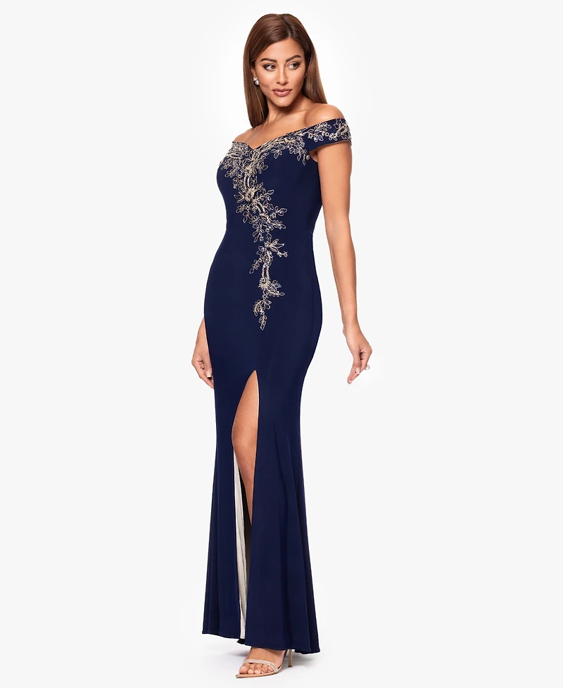 Xscape Women's Off-The-Shoulder Side Slit Ball Gown