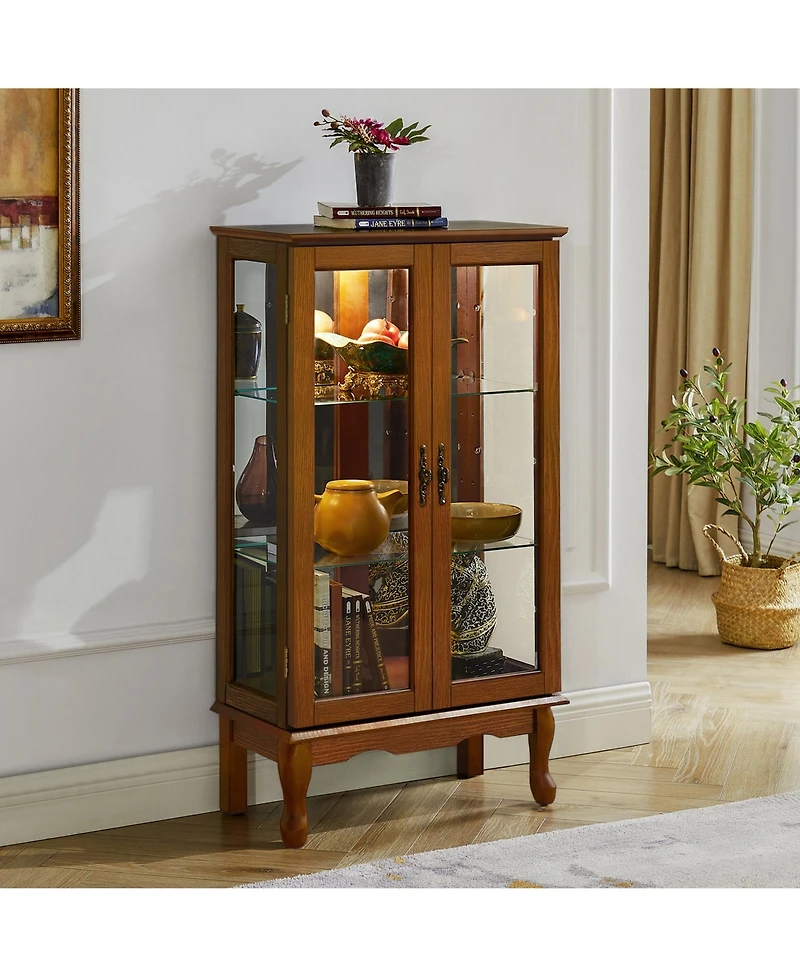 Corner Display Cabinet with Mirrored Panel Tempered Glass Shelves and Classic Style
