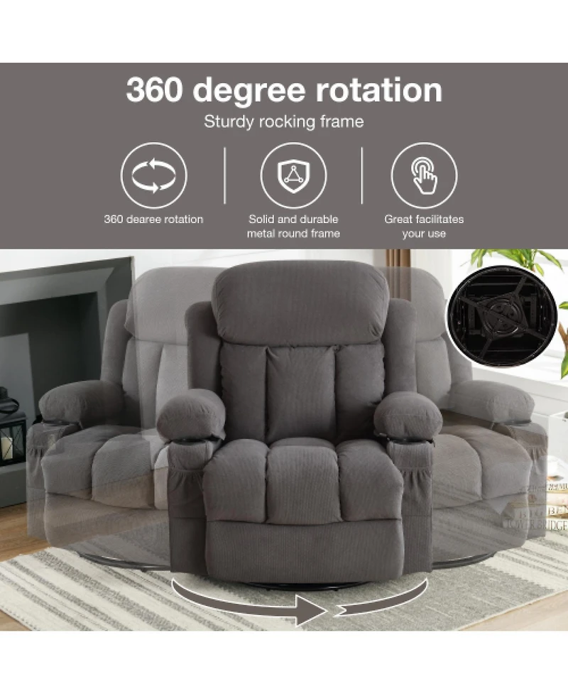 Streamdale Furniture Heated Massage Recliner Sofa w/ Usb & Cup Holders (Grey)
