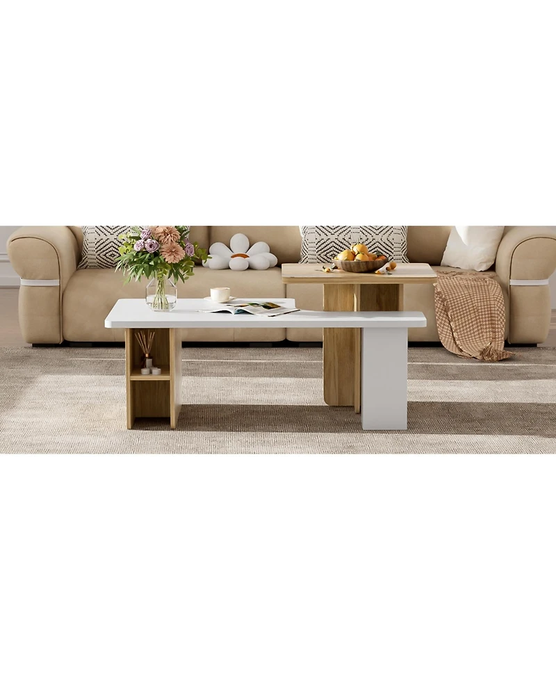 Lovmor Set of 2 Farmhouse Rectangular Nesting Coffee Tables with Wood Finish for Living Room